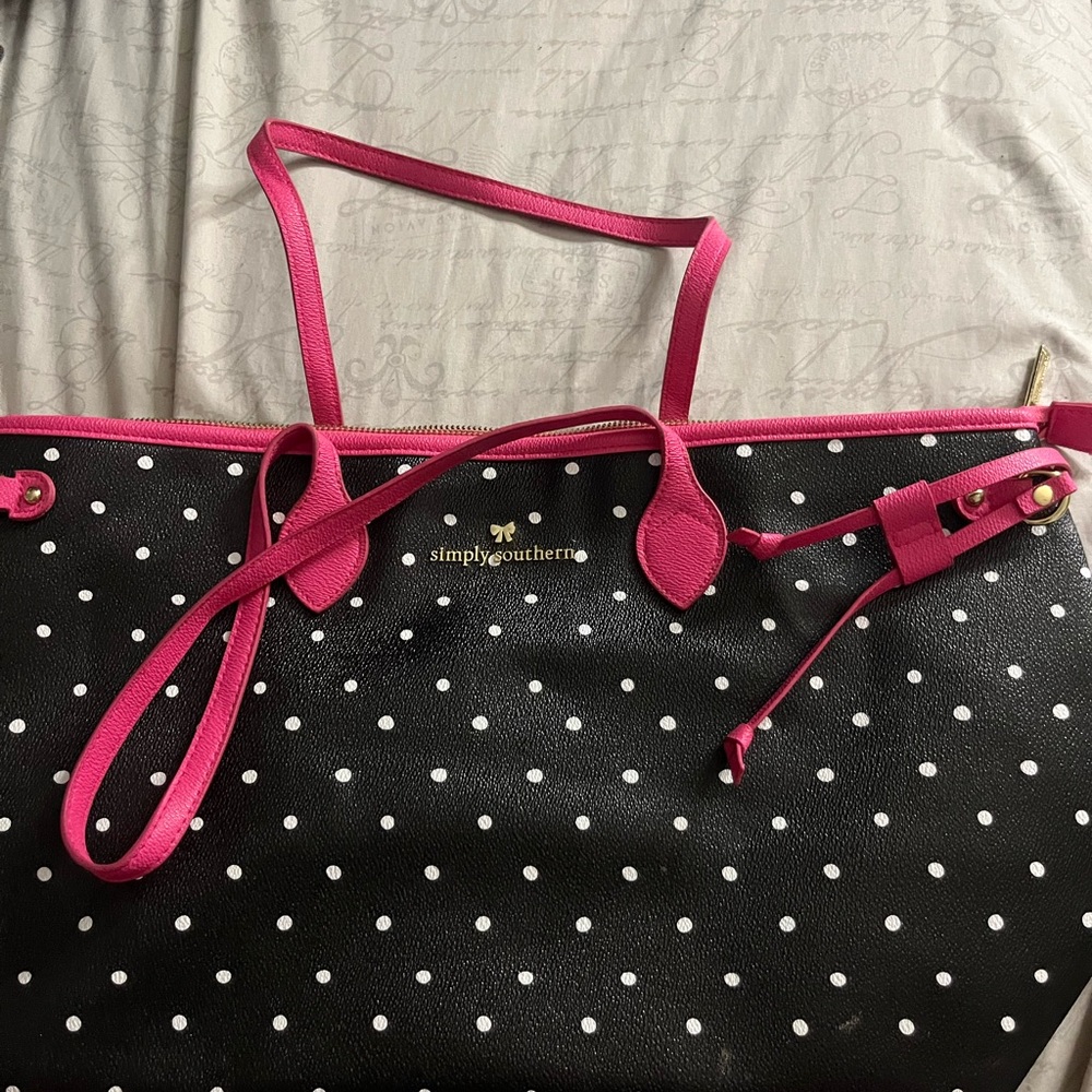 Simply Southern Black and Pink Polka Dot Tote Bag